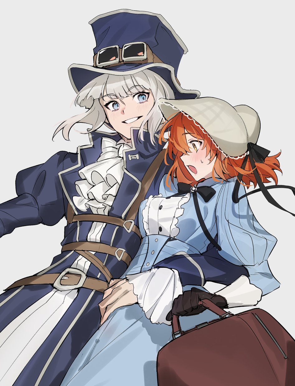 1boy 1girl ascot belt black_gloves blue_coat blue_dress blue_eyes bonnet coat dress fate/grand_order fate_(series) fujimaru_ritsuka_(female) galibo gloves goggles goggles_on_headwear grey_background grey_hair hand_around_waist hat highres juliet_sleeves long_sleeves oberon_(exhibition_attire)_(fate) oberon_(fate) orange_eyes orange_hair puffy_sleeves top_hat