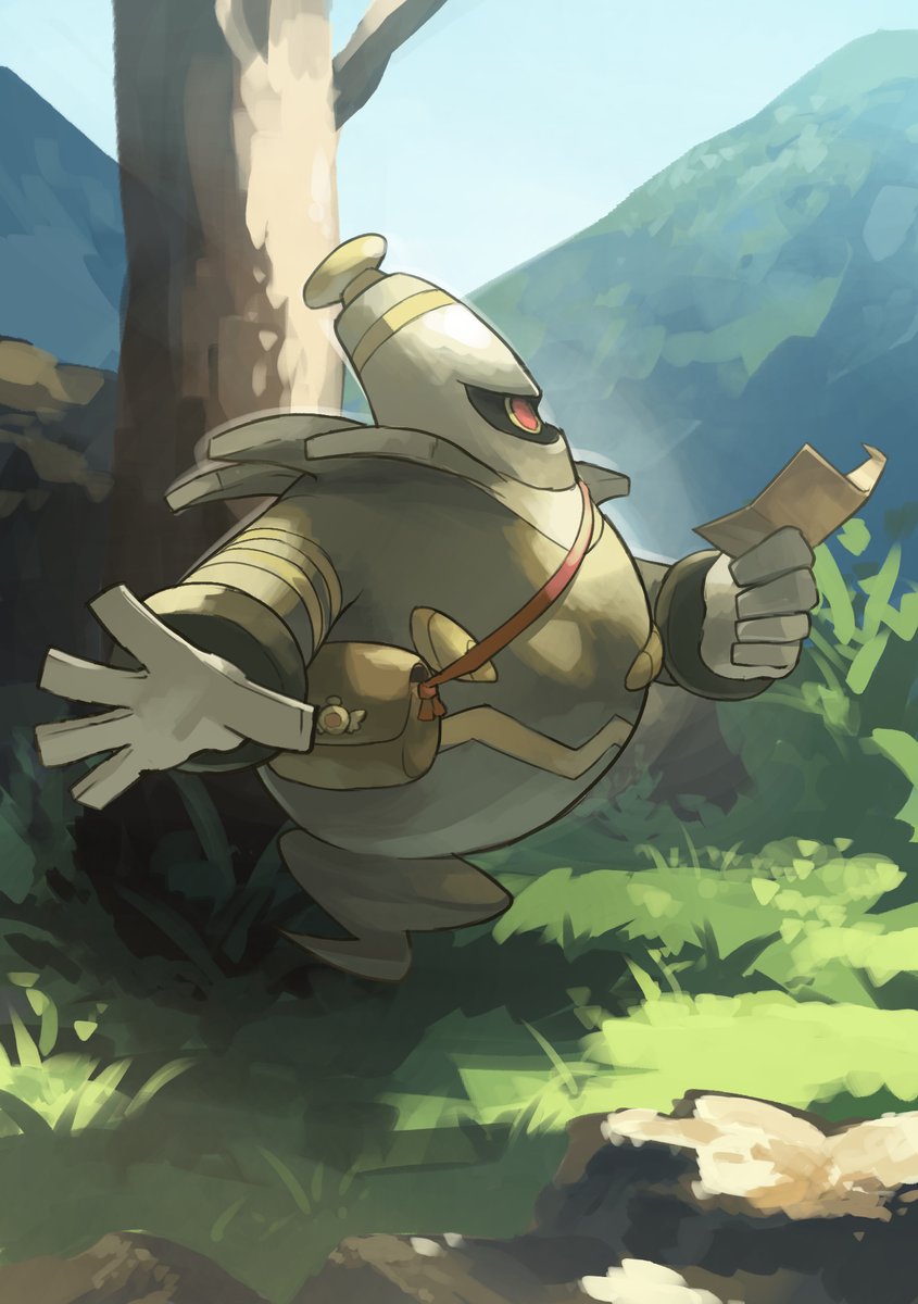 bag brown_bag colored_skin commentary_request dusknoir floating gen_4_pokemon grass grey_skin highres holding holding_paper nintendo no_humans one-eyed outdoors paper pokemon pokemon_(creature) pokemon_mystery_dungeon pokemon_mystery_dungeon:_explorers_of_time/darkness/sky red_eyes shoulder_bag tree yamaori_(hakkentai_pokedan)