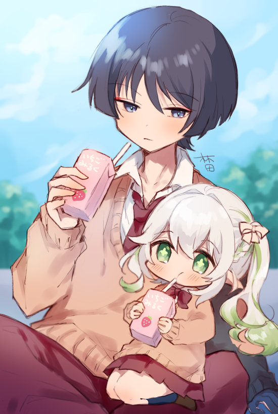 1boy 1girl alternate_costume aqua_pupils black_hair black_socks blue_sky blunt_ends blurry blurry_background blush bow braid brown_shoes brown_sleeves brown_sweater cheek_bulge cloud cloudy_sky collared_shirt colored_tips contemporary cross-shaped_pupils crossed_legs drinking drinking_straw eyeliner eyeshadow food_print fruit_print genshin_impact green_eyes green_hair green_pupils grey_eyes hair_bow hair_intakes half_up_braid hand_up hayashidadesu holding_carton juice_carton kneehighs long_hair long_sleeves looking_at_viewer looking_past_viewer makeup multicolored_hair nahida_(genshin_impact) necktie outdoors pants pleated_skirt pointy_ears red_bow red_eyeliner red_eyeshadow red_necktie red_pants red_skirt scaramouche_(genshin_impact) school_uniform seiza shirt shoes side_ponytail sidelocks sitting size_difference skirt sky socks strawberry_print streaked_hair sweater symbol-shaped_pupils tareme tree tsurime white_bow white_hair white_shirt wispy_bangs