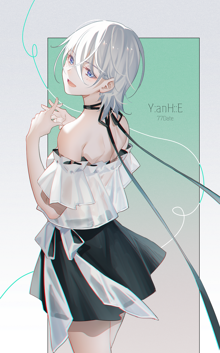 1girl :d back bare_shoulders black_ribbon black_skirt blue_eyes character_name chinese_commentary chromatic_aberration commentary cowboy_shot from_side grey_background hair_between_eyes hands_up highres interlocked_fingers looking_at_viewer miniskirt neck_ribbon off-shoulder_shirt off_shoulder official_art open_mouth own_hands_together ribbon shirt short_hair short_sleeves skirt smile solo tidsean turning_head vocaloid vsinger_(vocaloid) white_hair white_shirt yanhe