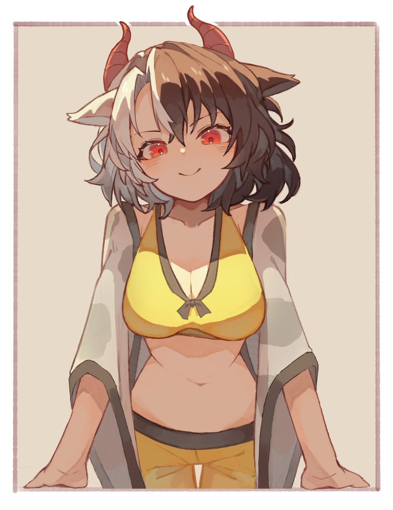 1girl animal_ears animal_print black_hair breasts cleavage cow_ears cow_horns cow_print facing_viewer haori highres hinataku1222 horns japanese_clothes knees_out_of_frame large_breasts leaning_forward looking_at_viewer midriff multicolored_hair red_eyes red_horns shadow short_hair smile solo split-color_hair touhou two-tone_hair ushizaki_urumi wide_sleeves