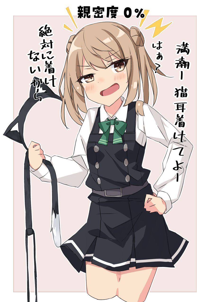 1girl :d angry animal_ears beritabo blush brown_background brown_eyes brown_hair cat_ears cat_tail commentary_request double_bun dress fake_animal_ears fake_tail hair_bun highres kantai_collection long_sleeves looking_at_viewer michishio_(kancolle) michishio_kai_ni_(kancolle) open_mouth pinafore_dress school_uniform shirt short_twintails sleeveless sleeveless_dress smile tail translation_request twintails uneven_eyes white_background white_shirt