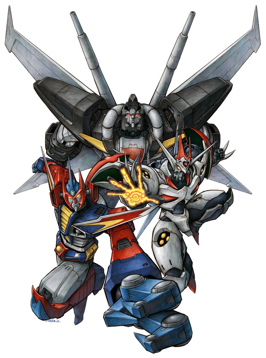 acrobunch choujuu_kishin_dancouga clenched_hand crossover dancouga dancouga_(series) dangaioh_hyper_combat_unit dangaiou fewer_digits from_above glowing glowing_eyes glowing_hand highres looking_up makyou_densetsu_acrobunch mecha mechanical_wings multiple_crossover nakamura_jun-ichi no_humans orange_eyes robot science_fiction shoulder_cannon super_rovot white_background wings