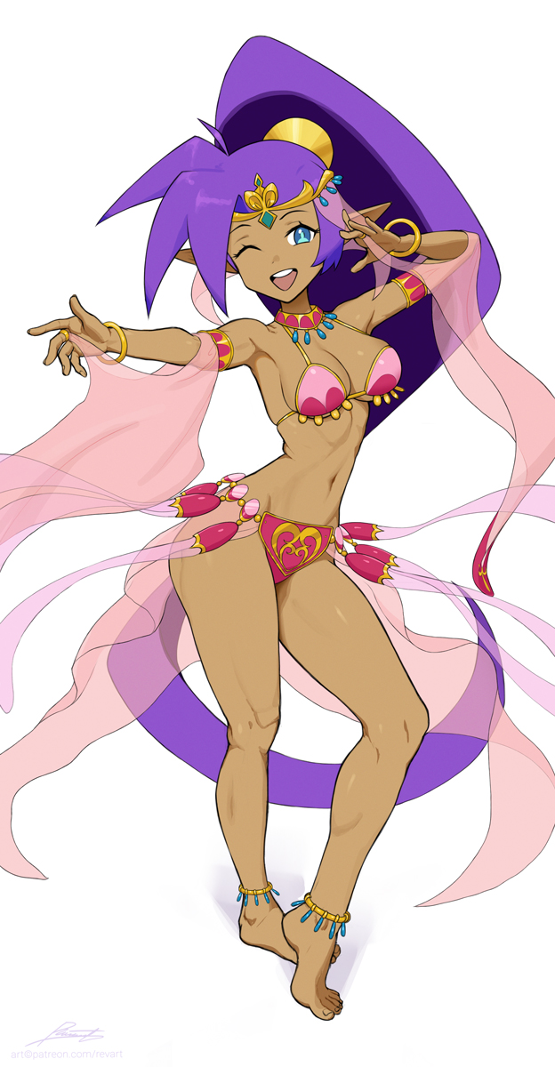 1girl amy_(suisei_no_gargantia) armpits bare_shoulders belly_dancer bikini blue_eyes bracelet breasts cosplay dancer dancing dark-skinned_female dark_skin feet full_body gold highres jewelry large_breasts long_hair nails navel one_eye_closed open_mouth pointy_ears purple_hair revenantart shantae shantae_(series) smile suisei_no_gargantia swimsuit veil white_background