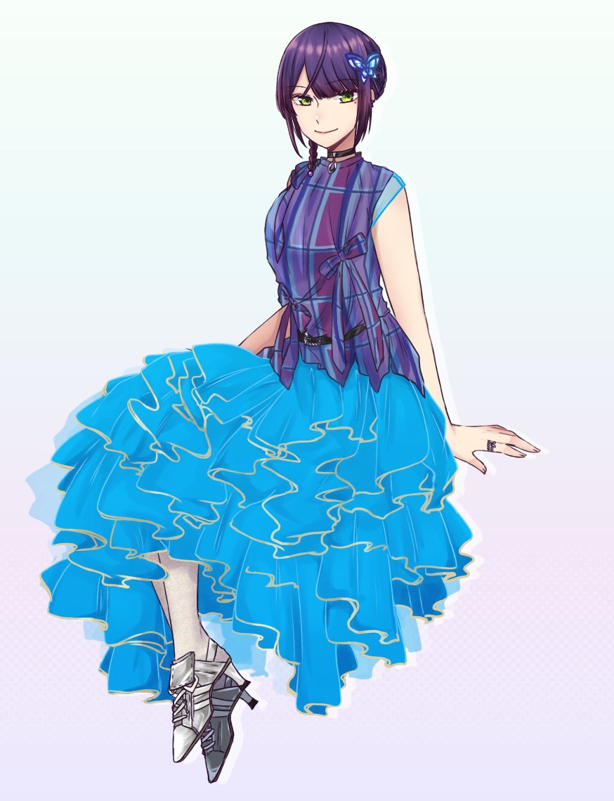 1girl actor_connection alternate_hair_length alternate_hairstyle arm_at_side assault_lily bare_arms belt belt_buckle black_belt black_choker blue_background blue_dress braid buckle butterfly_hair_ornament choker closed_mouth commentary_request cosplay dress full_body funada_kiito gradient_background green_eyes grey_shoes hair_ornament halftone halftone_background high_heels invisible_chair ishii_haruna ishii_haruna_(cosplay) jewelry layered_dress looking_at_viewer mole mole_under_eye nigari_(ngari_0115) pantyhose purple_background purple_hair purple_shirt ring shirt shoes short_hair side_braid single_braid sitting sleeveless sleeveless_dress sleeveless_shirt smile solo white_pantyhose