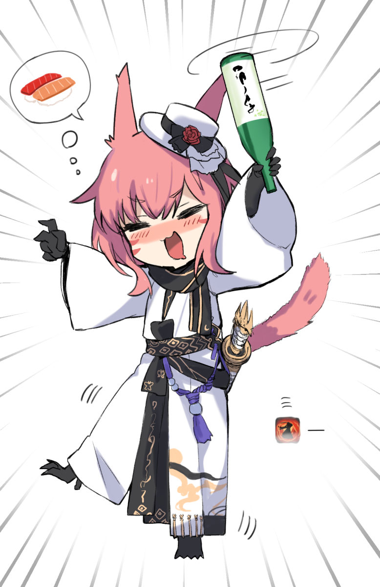 1girl =_= animal_ears black_gloves black_scarf blush bottle cat_ears cat_tail drooling drunk facial_mark final_fantasy final_fantasy_xiv fish_(food) food full_body ganesagi gloves hat highres holding holding_bottle japanese_clothes katana kimono long_sleeves mini_hat mini_top_hat miqo&#039;te mouth_drool nigirizushi nose_blush original pink_hair scarf sheath sheathed solo speech_bubble squeans sushi sword tail top_hat warrior_of_light_(ff14) weapon white_hat white_kimono wide_sleeves