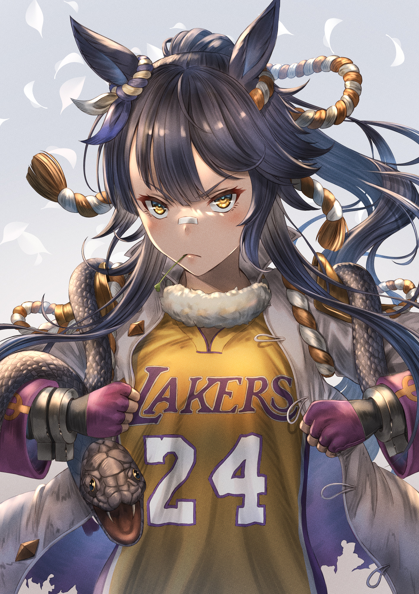 1girl animal animal_ears animal_on_shoulder bandaid bandaid_on_face bandaid_on_nose basketball_uniform black_hair breasts closed_mouth coat commentary_request cosplay ear_ornament fingerless_gloves gloves grey_background hair_between_eyes highres horse_ears horse_girl kobe_bryant kobe_bryant_(cosplay) long_hair long_sleeves looking_at_viewer los_angeles_lakers mouth_hold name_connection narita_brian_(umamusume) national_basketball_association numbered open_clothes open_coat pink_gloves ponytail rope serious shimenawa shirt sidelocks small_breasts snake solo sportswear stalk_in_mouth standing torn_clothes torn_coat umamusume upper_body white_coat yakkuro yellow_eyes