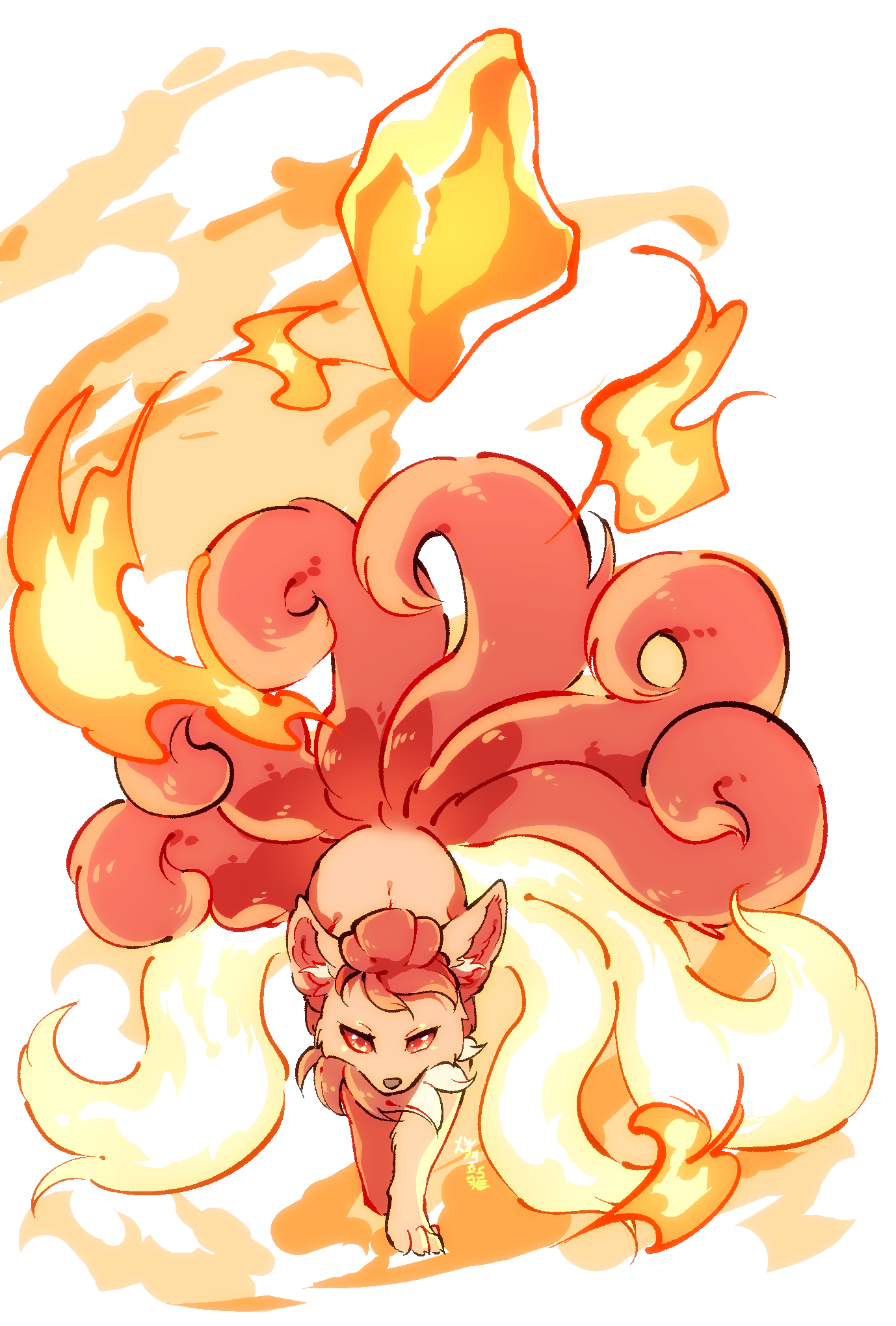 animal_focus evolution evolution_stone evolutionary_stone fire fire_stone fox game_freak gen_1_pokemon highres kitsune ninetales nintendo ohayou_milk orange_eyes orange_hair pokemon pokemon_(creature) red_eyes simple_background solo transformation vulpix walking white_background