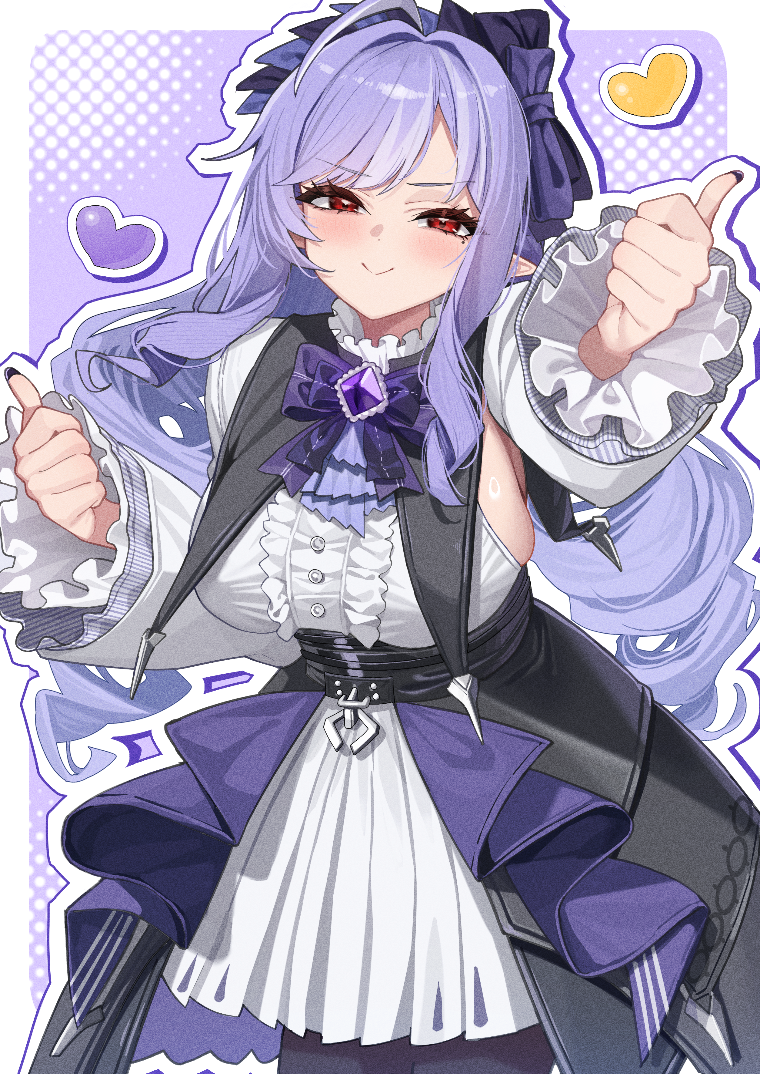 1girl absurdres ascot black_nails black_skirt border bow bowtie breasts center_frills closed_mouth cowboy_shot double_thumbs_up dress frills heart highres large_breasts mole mole_under_eye outline pointy_ears purple_ascot purple_background purple_bow purple_bowtie purple_hair ramanda red_eyes shrug_(clothing) sideboob skirt smile solo thumbs_up vivian_banshee white_border white_dress white_outline white_shrug zenless_zone_zero