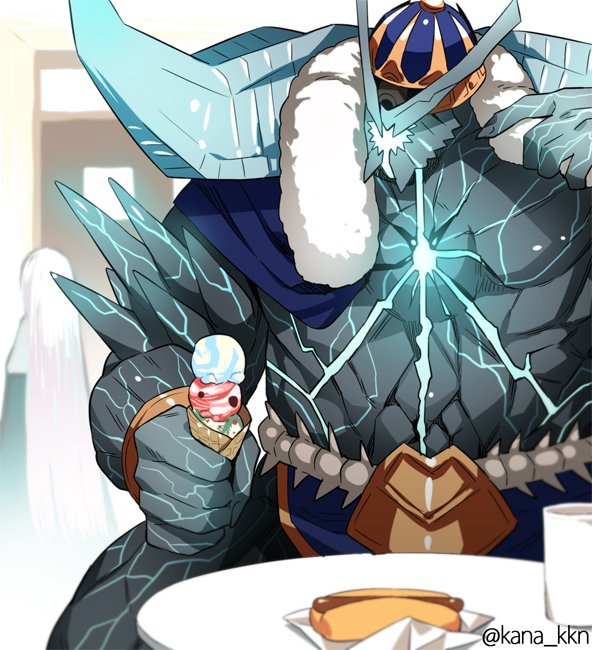 1boy cup fate/grand_order fate_(series) food glowing helmet holding holding_food holding_ice_cream hot_dog ice_cream ice_cream_cone indoors ivan_the_terrible_(fate) kaidou_j1 male_focus muscular muscular_male pectorals sitting table multiple_scoops twitter_username waffle_cone