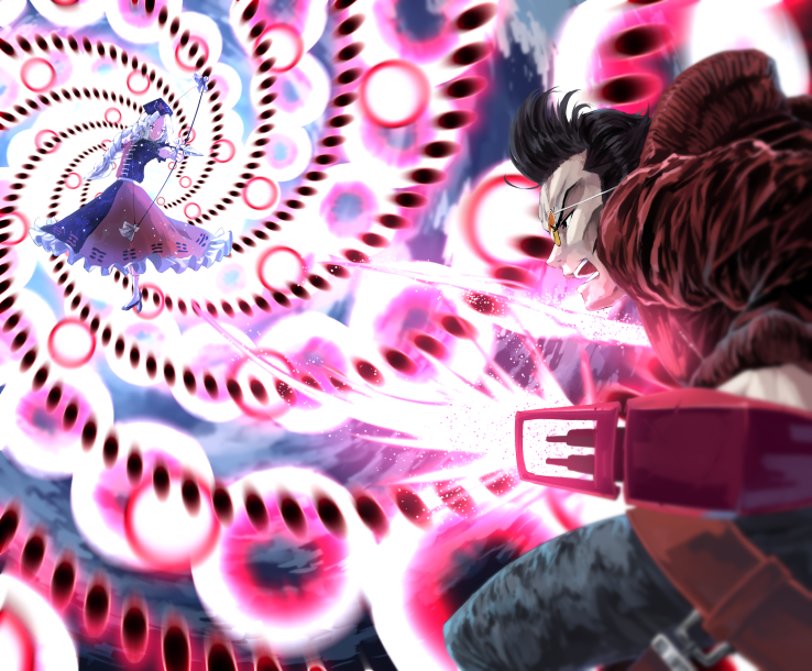 1boy 1girl angry beam_katana black_hair blue_pants bow_(weapon) commission crossover danmaku denim dress dual_wielding energy_sword hat holding jacket jeans long_hair long_sleeves male_focus no_more_heroes no_more_heroes_2 nurse nurse_cap open_mouth pants red_jacket sunglasses sunnysideup sword touhou travis_touchdown two-tone_dress very_long_hair weapon white_hair yagokoro_eirin