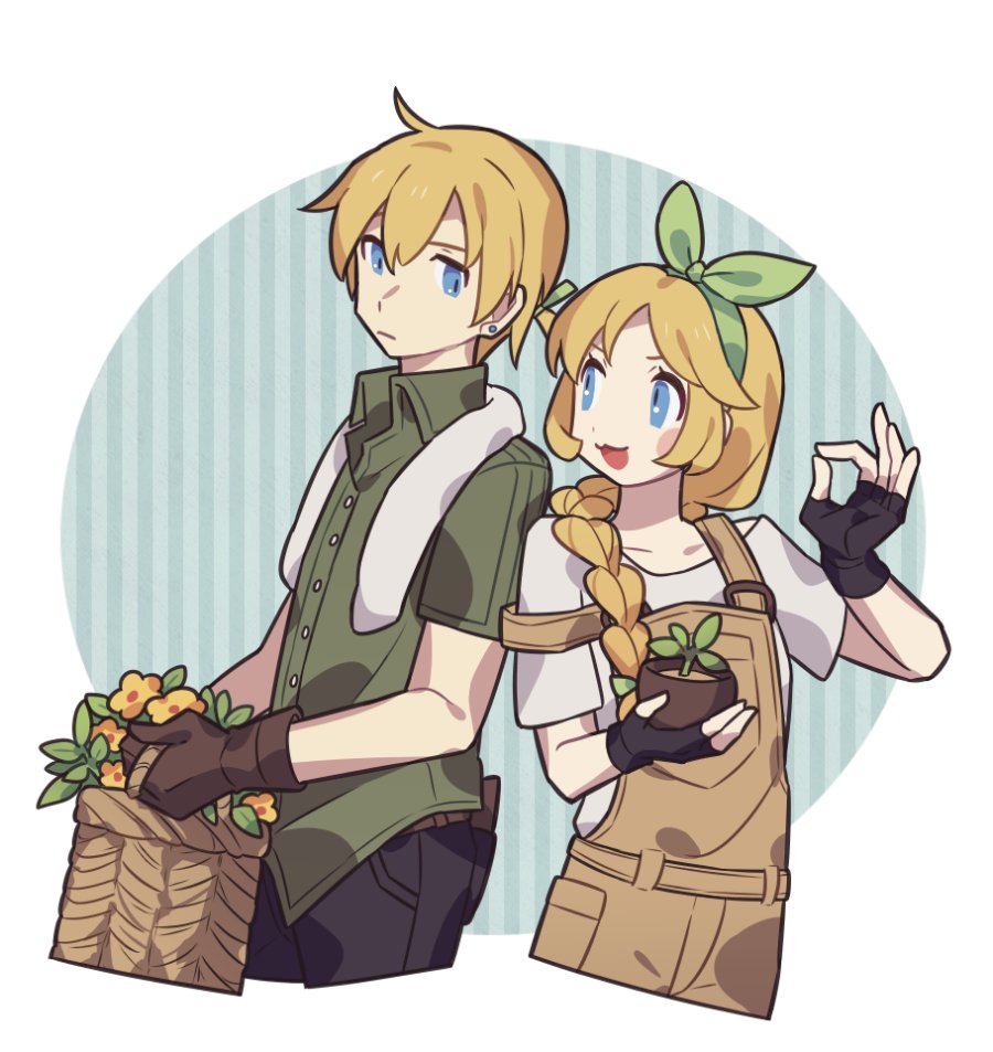 1boy 1girl :3 apron basket black_gloves black_pants blue_background blue_eyes border bow bow_hairband braid braided_ponytail brown_apron buttons character_request commentary cropped_legs dot_nose fingerless_gloves fire_emblem fire_emblem:_genealogy_of_the_holy_war flower flower_basket flower_pot gloves green_bow green_hairband green_jacket haconeri hair_bow hairband holding holding_basket holding_flower_pot jacket long_hair low-tied_long_hair nintendo ok_sign open_mouth outside_border pants round_border symbol-only_commentary towel white_border yellow_flower
