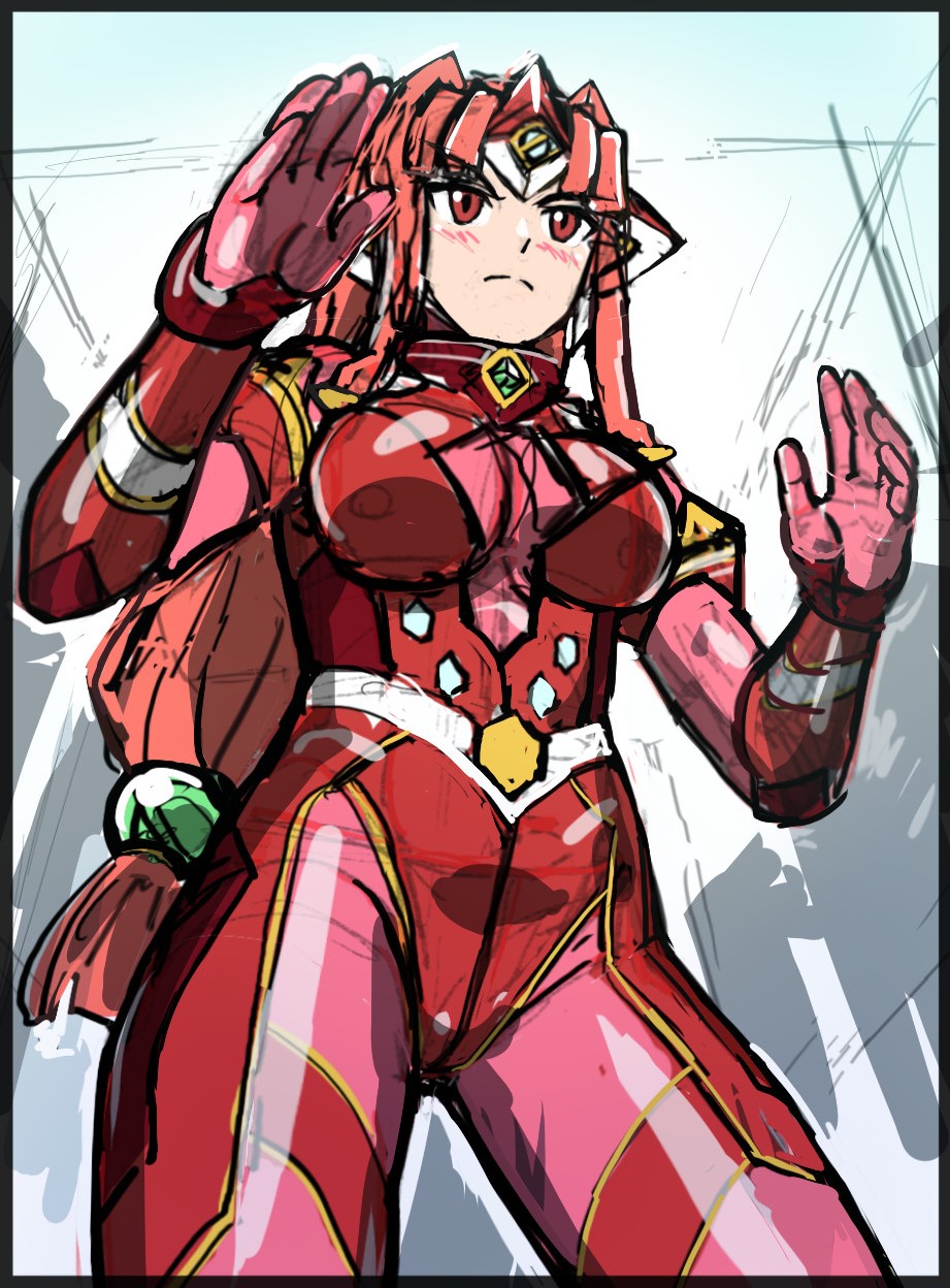 1girl asu_(hengaya) black_border blush bodysuit border breasts closed_mouth cowboy_shot fighting_stance headgear highres large_breasts long_hair looking_at_viewer low-tied_long_hair ootori_vivienne outdoors parted_bangs red_bodysuit red_eyes red_hair sketch solo standing ultimate_girl