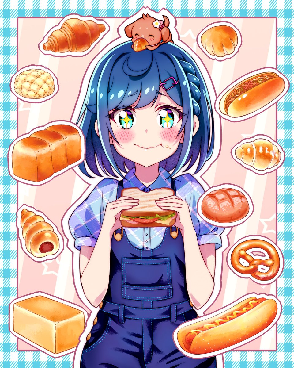 1girl :t animal animal_on_head blue_eyes blue_hair blue_overalls blue_shirt blush braid bread closed_mouth croissant delicious_party_precure dog dog_on_head dress_shirt eating food fuwa_kokone hair_ornament hairclip highres hot_dog kyoutsuugengo looking_at_viewer medium_hair on_head overalls pam-pam plaid_clothes plaid_shirt precure pretzel sandwich shirt short_sleeves single_braid solo