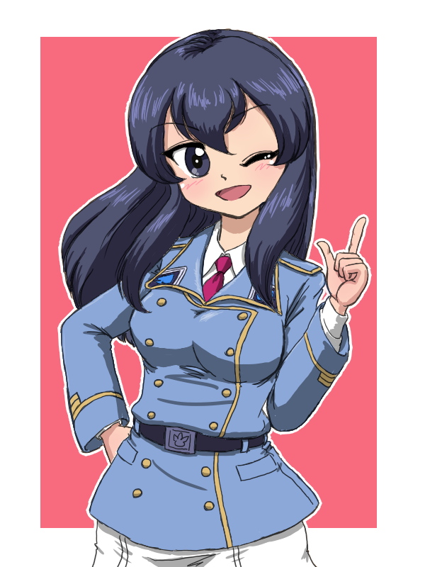 1girl blue_eyes blue_hair breasts eclair_(girls_und_panzer) girls_und_panzer girls_und_panzer_gekitou!_maginot-sen_desu!! long_hair maginot_military_uniform necktie one_eye_closed red_necktie shirt skirt smile takahashi_kurage white_shirt white_skirt