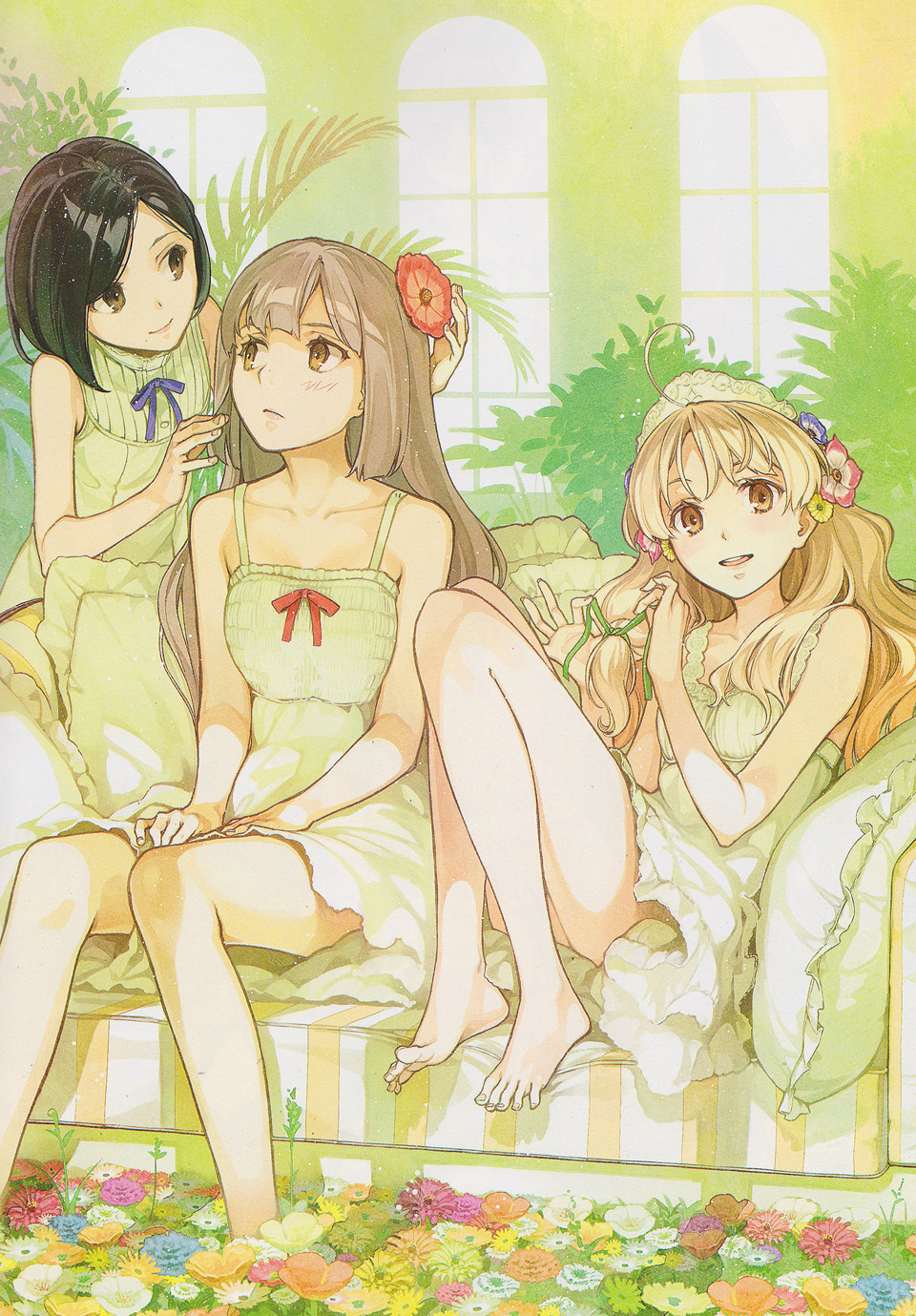 3girls ahoge alternate_costume atelier_(series) atelier_ayesha ayesha_altugle bare_shoulders barefoot black_hair blonde_hair blush brown_eyes brown_hair collarbone couch dress feet feet_on_chair female_focus flower flower_bed green_theme greenhouse hair_flower hair_ornament hair_ribbon hat hidari_(left_side) highres long_hair looking_at_viewer looking_away marion_quinn multiple_girls official_art patterned_upholstery pillow ribbon scan short_hair sitting striped_upholstery sundress toes wavy_hair white_dress
