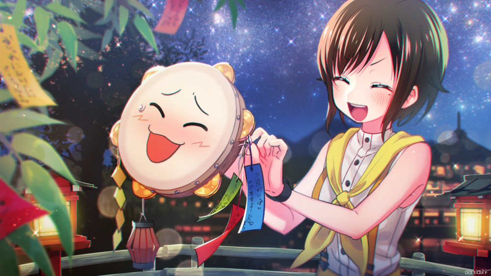 1girl bamboo blush brown_hair buttons closed_eyes floating happy indie_virtual_youtuber instrument kashiko_mari mole mole_under_eye neckerchief night open_mouth outdoors pandy_(kashiko_mari) shirt short_hair star_(sky) tambourine tanabata tanzaku teeth tendoshi tying upper_teeth_only virtual_youtuber white_shirt yellow_neckerchief