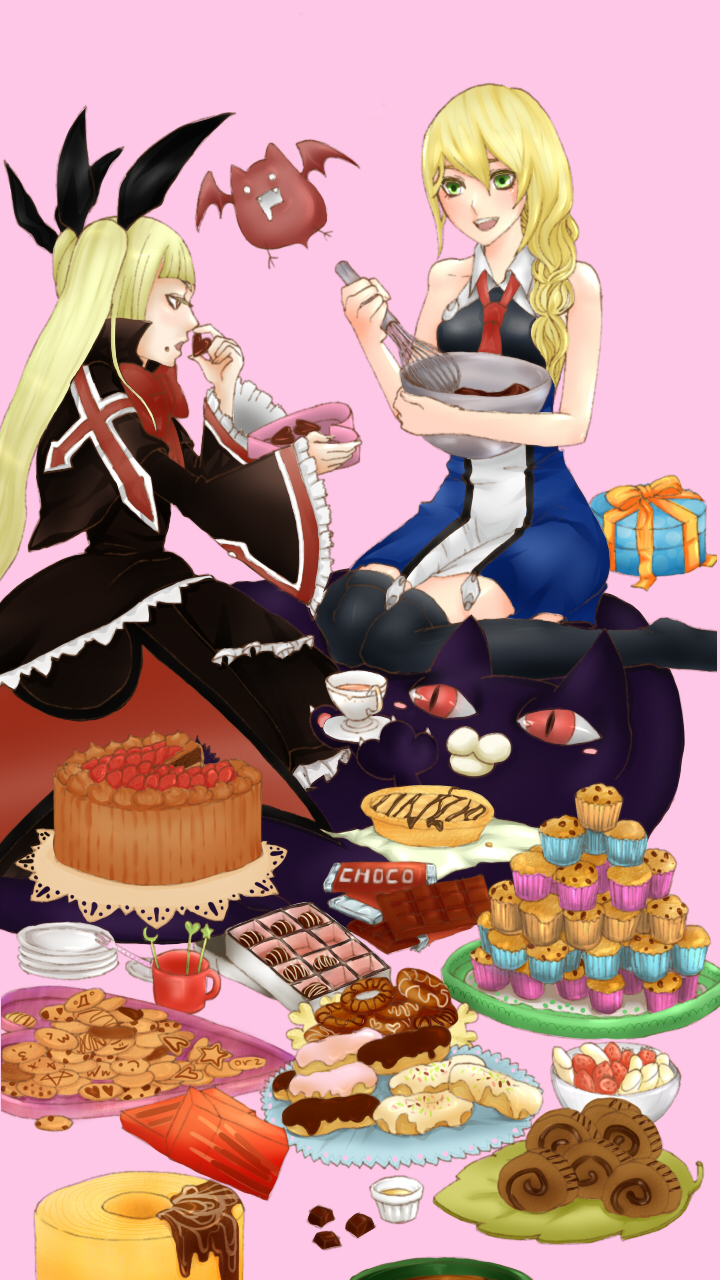 2girls arc_system_works bat_(animal) blazblue blonde_hair braid cake candy cat chocolate chocolate_bar chocolate_heart chocolate_making cookie cupcake donut drooling food gii green_eyes heart highres long_hair mixing_bowl multiple_girls nago noel_vermillion pink_background plate plate_stack pocky rachel_alucard red_eyes simple_background swiss_roll thighhighs twintails whisk