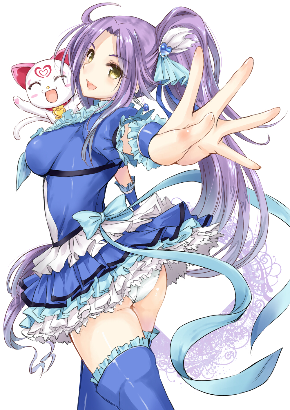 スイートプリキュア♪  パンチラ kamishiro ryuu, cure beat, hummy (suite precure), kurokawa eren, seiren  (suite precure), precure, suite precure, highres, 10s, 1girl, ahoge,  alternate breast size, ass, blue skirt, blue thighhighs, boots, breasts,  cat, dress, earrings,