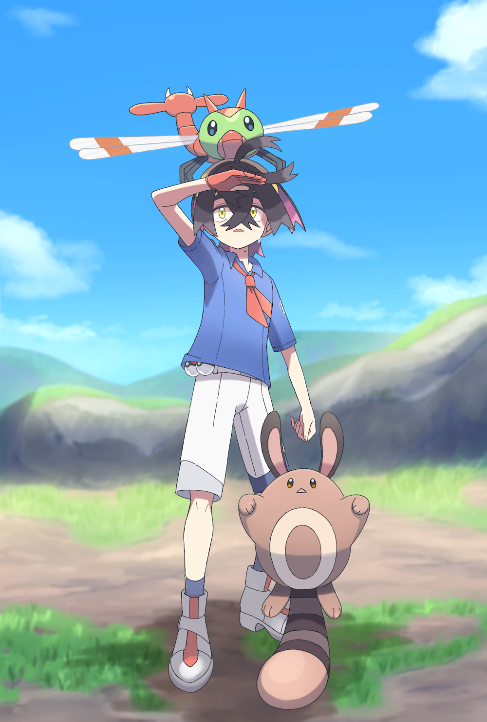 1boy black_hair blue_shirt cloud collared_shirt commentary_request crossed_bangs day gen_2_pokemon gloves hair_between_eyes highres kieran_(pokemon) knees male_focus mole mole_on_neck nintendo on_head outdoors partially_fingerless_gloves poke_ball poke_ball_(basic) pokemon pokemon_(creature) pokemon_on_head pokemon_sv red_gloves sentret shirt shoes short_sleeves single_glove sky socks standing suimoku_(hzdg5322) yanma yellow_eyes