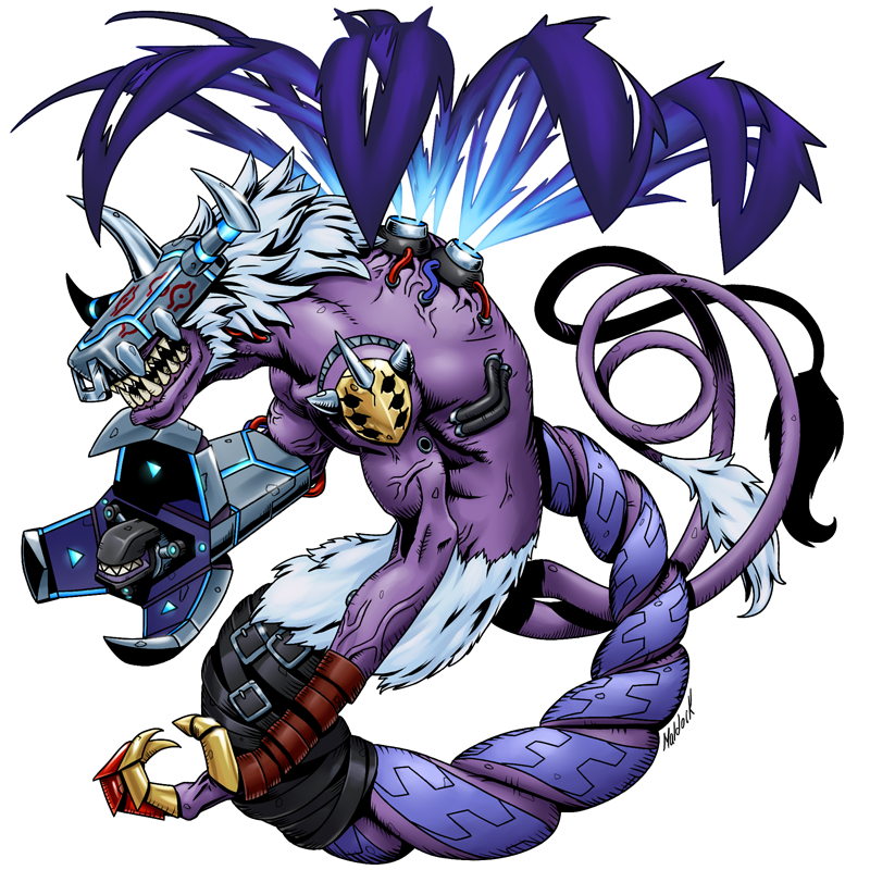 belt cyborg digimon digimon_(creature) dragon gigadramon horns original sharp_teeth solo teeth