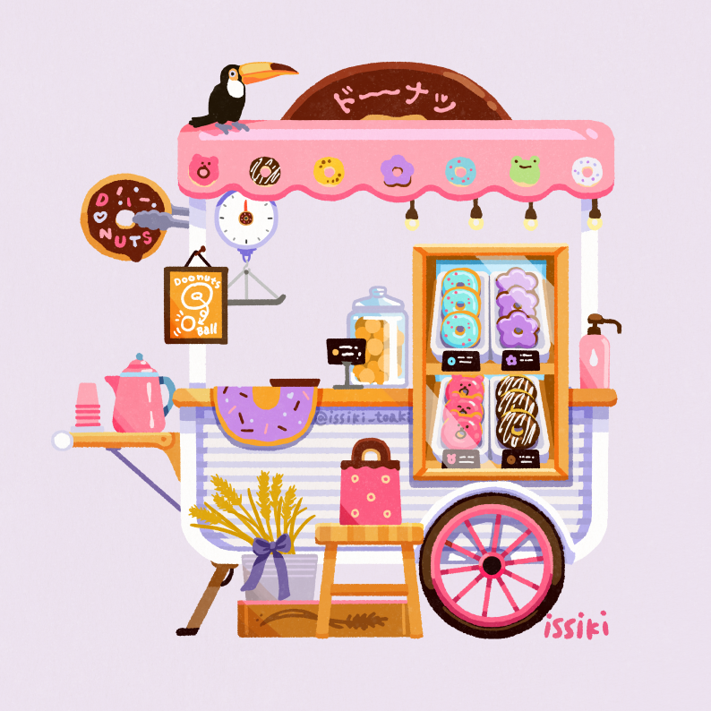 animal artist_name bird commentary_request donut food food_focus issiki_toaki jar kettle no_humans original pastry toucan weighing_scale wheat