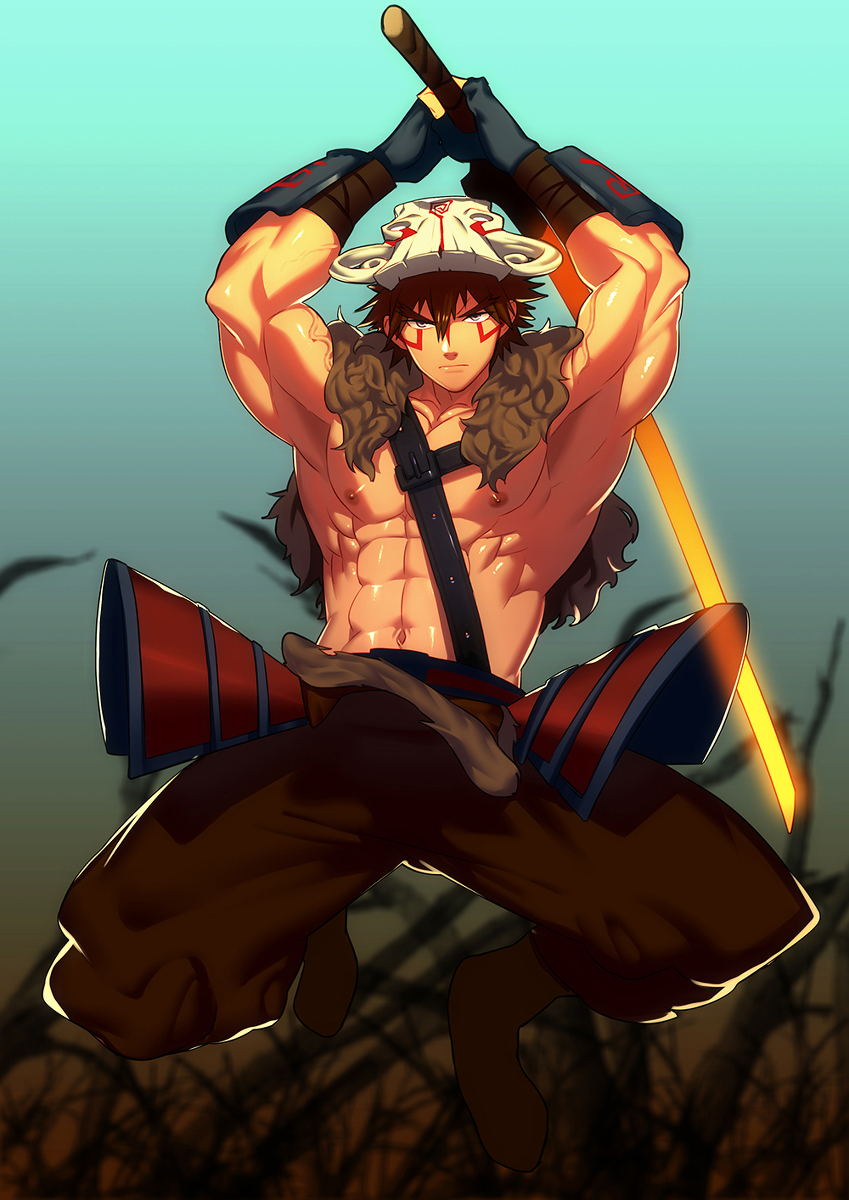 1boy armpits bara dota_(series) dota_2 facepaint highres juggernaut_(dota) looking_at_viewer lvlv male_focus mask mask_on_head muscular muscular_male pectorals pectorals solo tagme topless_male weapon