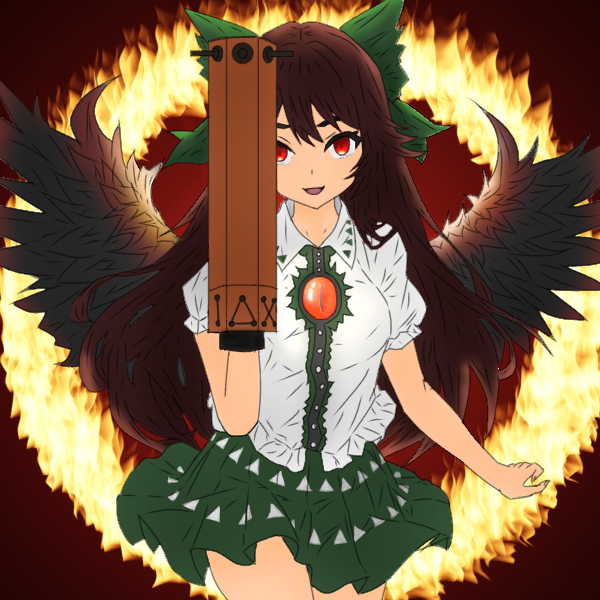 1girl arm_cannon bird_wings black_wings bow breasts brown_hair collared_shirt commentary control_rod_(touhou) cowboy_shot fire green_bow green_skirt hair_bow hanamiya_hisui hand_up long_hair looking_at_viewer medium_breasts miniskirt open_mouth red_eyes reiuji_utsuho ring_of_fire shirt short_sleeves skirt smile solo third_eye touhou weapon white_shirt wings