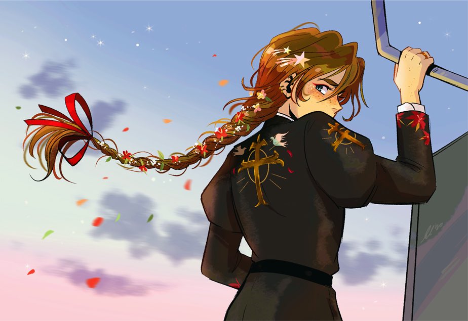 1boy androgynous andythelemon bird blue_eyes braid brown_hair cross dove duo_maxwell flower flower_on_head freckles gundam gundam_wing hair_ornament hair_ribbon long_hair looking_back male_focus pale_skin red_ribbon ribbon solo star_(symbol) star_hair_ornament