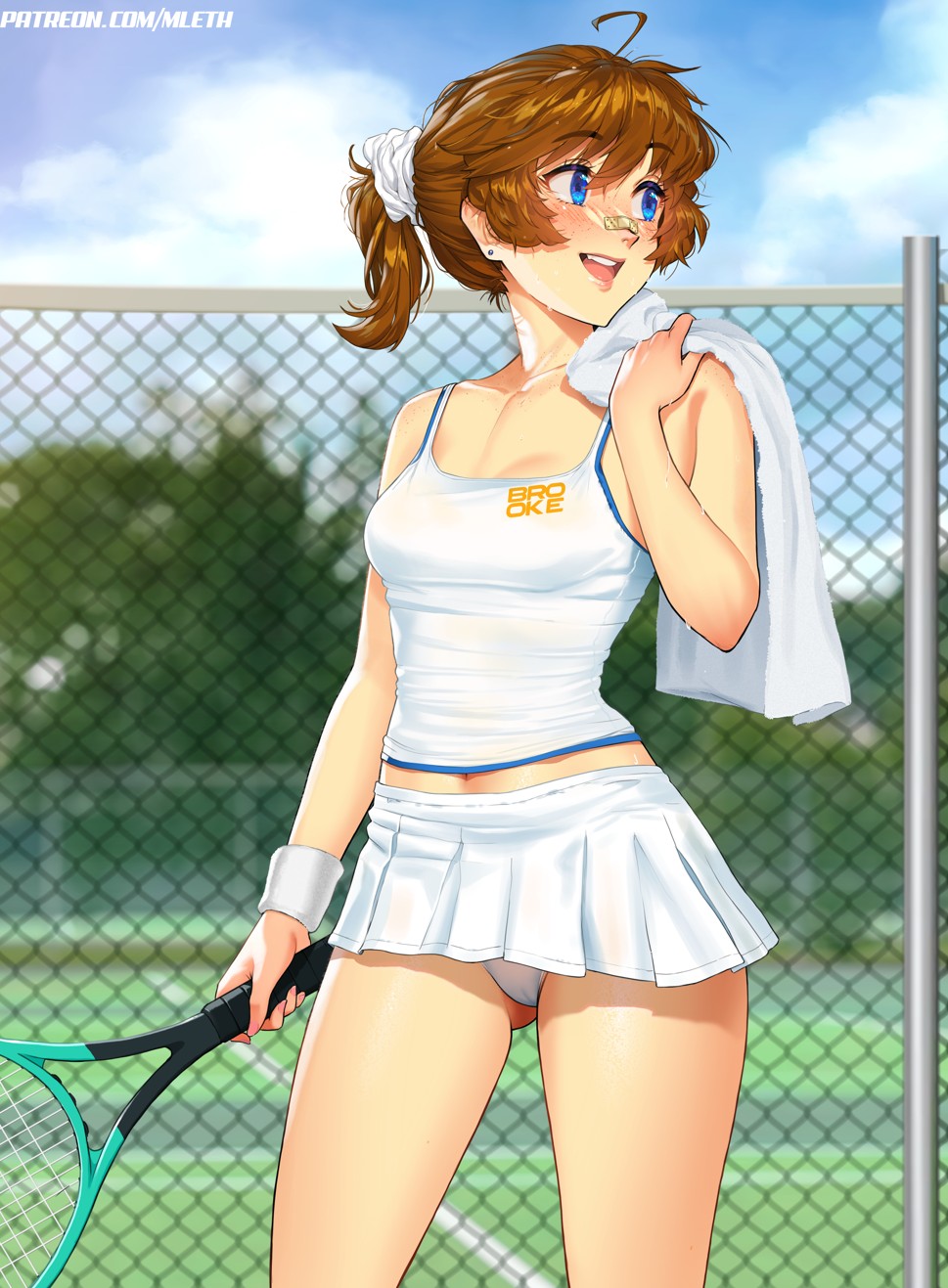 :d ahoge bandaid bandaid_on_face bandaid_on_nose blue_eyes blue_sky breasts brooke_(mleth) brown_hair chain-link_fence cloud cloudy_sky collarbone commentary earrings english_commentary fence freckles gluteal_fold hand_up highres holding holding_tennis_racket holding_towel jewelry looking_to_the_side microskirt midriff mleth navel open_mouth original outdoors panties patreon_username pleated_skirt ponytail racket scrunchie short_hair sidelocks skirt sky small_breasts smile sportswear sweat tank_top teeth tennis_court tennis_racket tennis_uniform towel underwear upper_teeth_only white_panties white_scrunchie white_skirt white_tank_top wristband