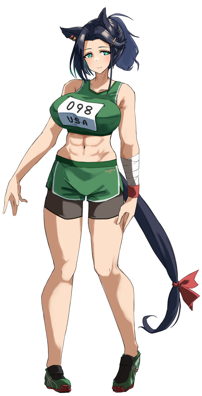 1girl abs animal_ears bike_shorts bike_shorts_under_shorts black_hair black_shorts breasts ear_ornament green_eyes green_shoes green_shorts green_sports_bra hair_ornament hairclip highres horse_ears horse_girl horse_tail komb large_breasts medium_hair midriff navel original personification ponytail shoes short_shorts shorts smile sneakers solo sports_bra standing tail umamusume