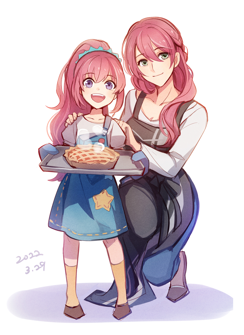 2girls apron dated double-parted_bangs eiyuu_densetsu feng_you green_eyes hair_between_eyes kneeling kuro_no_kiseki_(series) kuro_no_kiseki_i long_hair looking_at_viewer mother_and_daughter multiple_girls open_mouth paulette_(kuro_no_kiseki) pink_hair ponytail purple_eyes simple_background smile white_background yume_(kuro_no_kiseki)