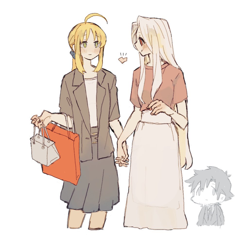 1boy 2girls ahoge artoria_pendragon_(fate) bag blonde_hair casual chibi couple emiya_kiritsugu fate/zero fate_(series) green_eyes heart holding holding_hands husband_and_wife implied_cheating_(relationship) irisviel_von_einzbern long_hair looking_at_another multiple_girls red_eyes saber_(fate) shopping_bag spoken_heart tugo_119 white_background white_hair yuri