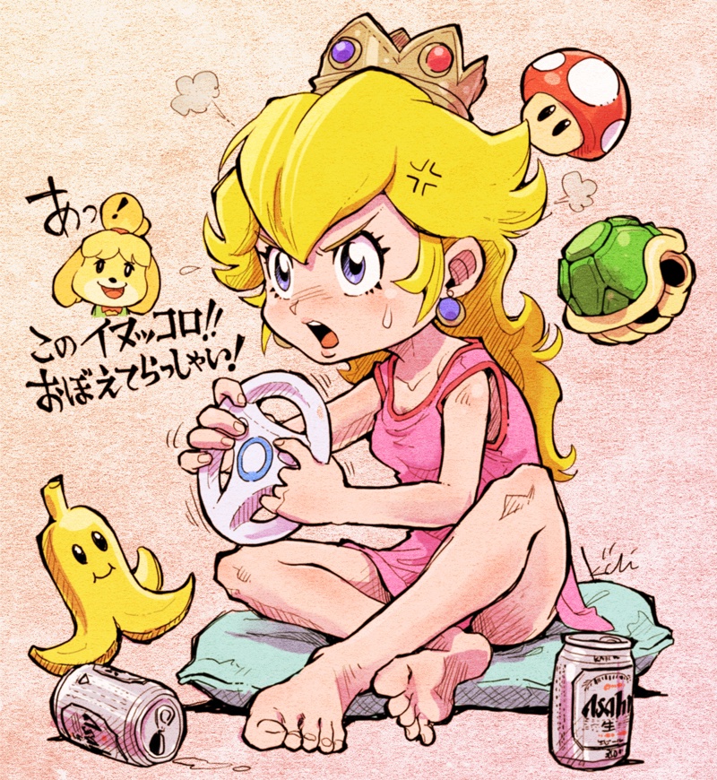 2girls aged_down alcohol anger_vein angry animal_crossing banana_peel bare_shoulders barefoot beer beer_can blonde_hair blush can crown cushion drink_can earrings feet flying_sweatdrops full_body game_console indian_style isabelle_(animal_crossing) jewelry kiichi long_hair mario_(series) mario_kart multiple_girls nintendo open_mouth princess_peach sitting soles sphere_earrings super_mario_bros._1 super_mushroom sweatdrop toes translation_request turtle_shell wii wii_wheel