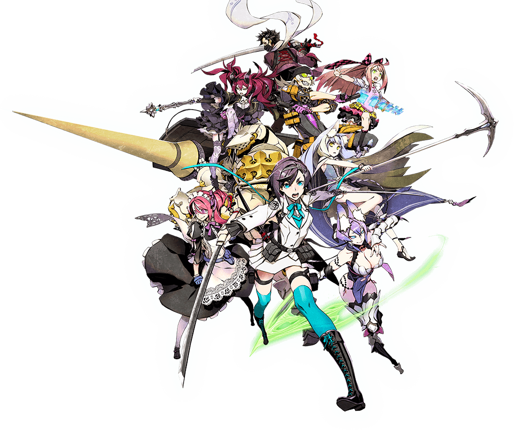 2boys 6+girls 7th_dragon_(series) 7th_dragon_iii agent_(7th_dragon) animal_ears armor bandana black_hair breasts card character_request cleavage duelist_(7th_dragon) fortuner_(7th_dragon) god-hand_(7th_dragon) helmet katana mage_(7th_dragon) maid mask miwa_shirow multiple_boys multiple_girls official_art pink_hair polearm ponytail purple_hair samurai_(7th_dragon) samurai_(7th_dragon_iii) scarf scythe silver_hair spear sunglasses sword thighhighs transparent_background vanisher_(7th_dragon) weapon