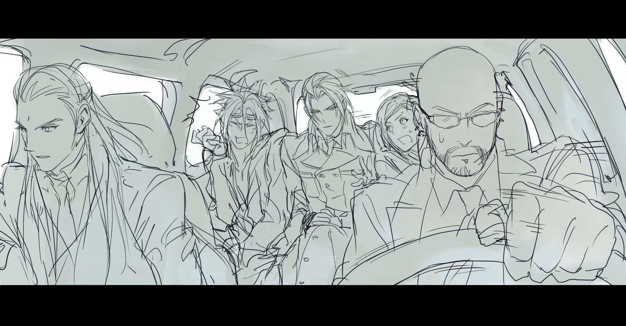 1girl 4boys bald bindi car collared_shirt driving elena_(ff7) facial_hair facial_mark final_fantasy final_fantasy_vii formal_clothes furrowed_brow goatee goggles goggles_on_head hair_between_eyes highres jacket long_hair motor_vehicle multiple_boys necktie open_mouth parted_bangs parted_lips quxiaochong reno_(ff7) rude_(ff7) rufus_shinra shirt sketch spiked_hair steering_wheel suit suit_jacket sunglasses sweatdrop swept_bangs tseng