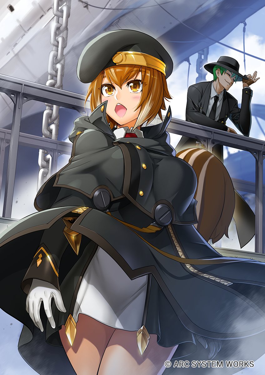 1boy 1girl black_suit blazblue blazblue_alternative:_dark_war breasts brown_hair coat diamond_mouth dress formal_clothes green_hair hair_between_eyes hat hazama highres large_breasts makoto_nanaya necktie official_art pantyhose short_dress short_hair squirrel_tail suit tail thighs white_hair wide_hips