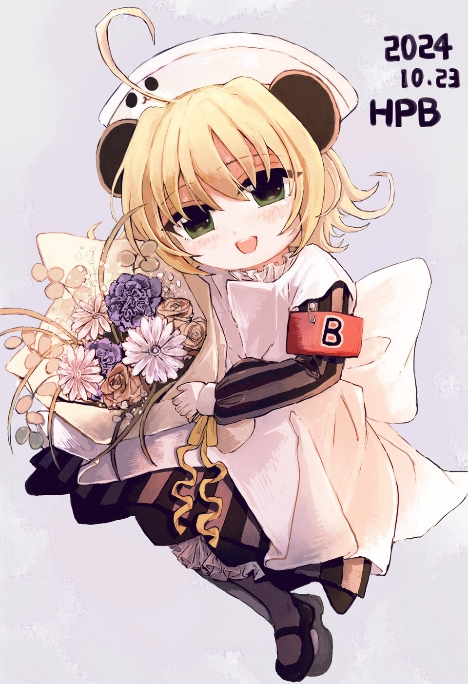 1girl ahoge animal_ears apron armband birthday black_dress blonde_hair blush bouquet dated di_gi_charat dress english_text flower frills green_eyes hat highres long_sleeves mary_janes nurse_cap open_mouth panda_ears piyoko puffy_sleeves red_armband rennnge shoes short_hair simple_background solo
