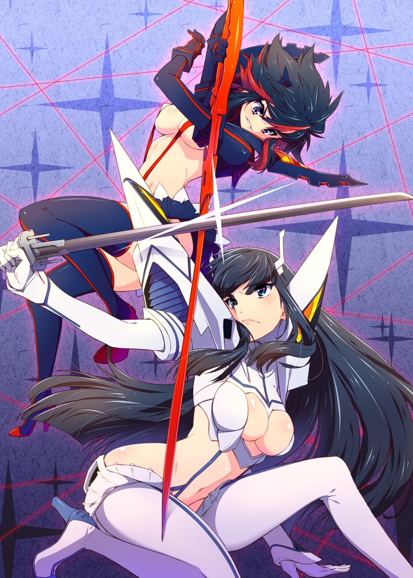 10s 2girls black_hair boots breasts cleavage cleavage_cutout clothing_cutout high_heels junketsu kill_la_kill kiryuuin_satsuki large_breasts long_hair matoi_ryuuko medium_breasts multicolored_hair multiple_girls navel pandaki_(aki) red_hair revealing_clothes scissor_blade_(kill_la_kill) senketsu short_hair siblings sisters suspenders sword thigh_boots thighhighs two-tone_hair underboob weapon
