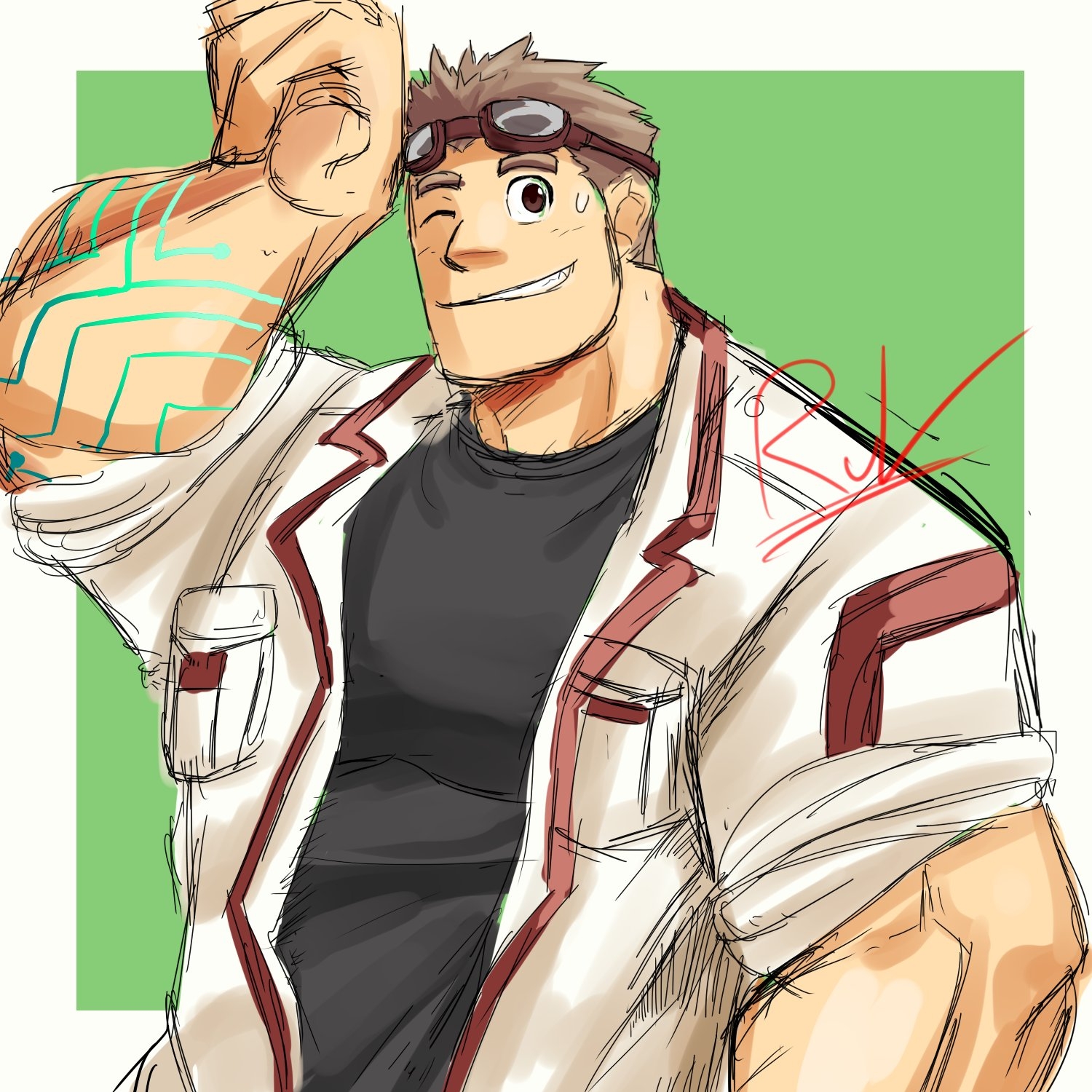 1boy bara body_markings brown_hair clenched_hand goggles goggles_on_head hand_up highres kajiya_kurogane large_pectorals looking_at_viewer male_focus muscular muscular_male open_jumpsuit pectorals ruvkun short_hair solo thick_eyebrows tokyo_houkago_summoners unfinished upper_body