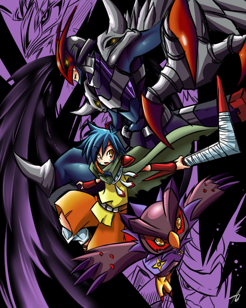 beak cape digimon digimon_(creature) digimon_savers evolutionary_line falcomon_(digimon_savers) noguchi_ikuto peckmon ravmon shuriken weapon yatagaramon_(digimon_savers) yellow_eyes