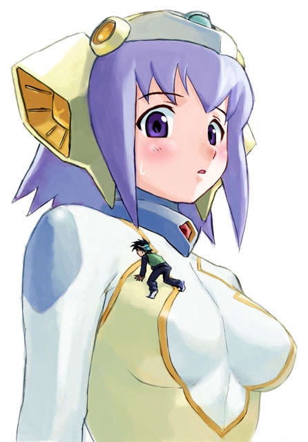 1boy 1girl breasts giant giantess purple_hair simple_background size_difference superhero_costume sweatdrop teston ultimate_girl upper_body white_background