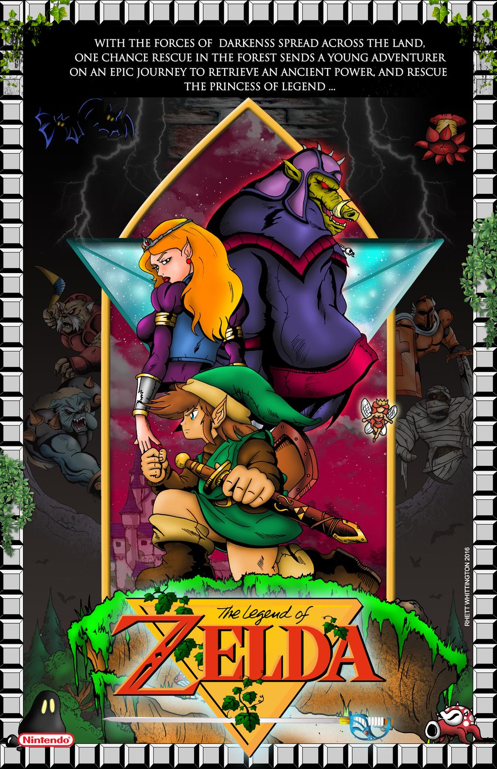 1boy 1girl angry bat_(animal) blonde_hair blue_eyes boomerang breasts brown_hair castle creature demon earrings fairy fairy_wings ganon highres jewelry kneeling link lipstick long_hair makeup moblin mummy night nintendo octorok pig poster_(medium) princess_zelda red_eyes serious shield sidelocks sword the_legend_of_zelda the_legend_of_zelda_(cartoon) the_legend_of_zelda_(nes) title tree triforce tunic weapon wings wizard