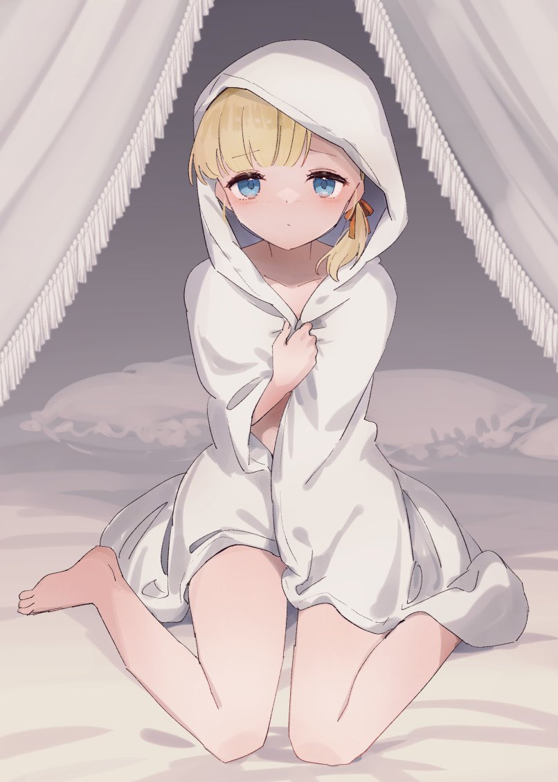 1girl barefoot bed_sheet blonde_hair blue_eyes blush closed_mouth collarbone hood hood_up kantai_collection looking_at_viewer one-hour_drawing_challenge shin&#039;you_(kancolle) short_hair sitting solo toes wariza yamashichi_(mtseven)