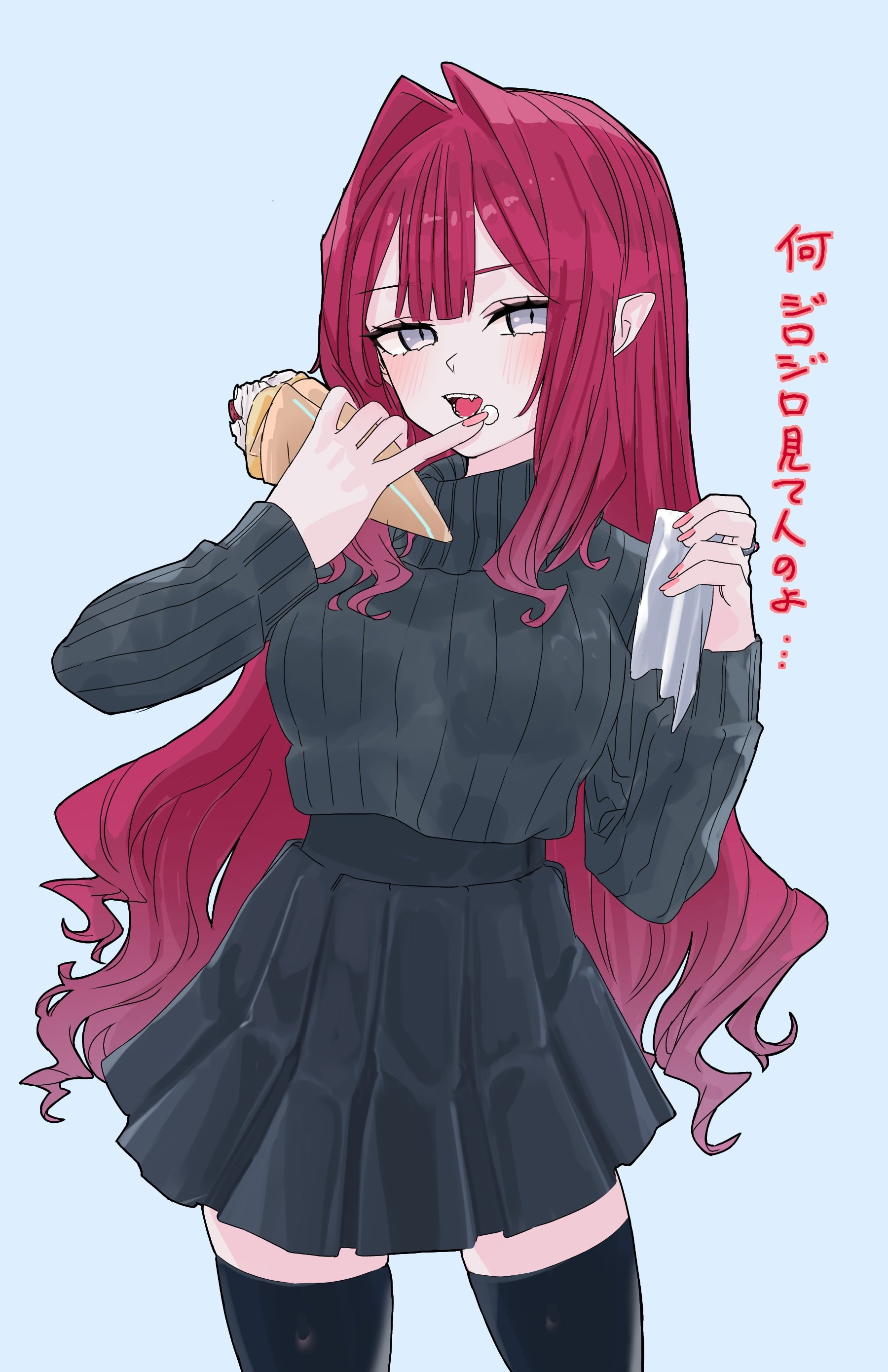 1girl absurdres baobhan_sith_(fate) black_skirt black_sweater black_thighhighs blush breasts crepe fangs fate/grand_order fate_(series) food hand_up highres large_breasts long_hair looking_at_viewer niwaikanai open_mouth pointy_ears red_hair skirt smile solo sweater thighhighs translation_request