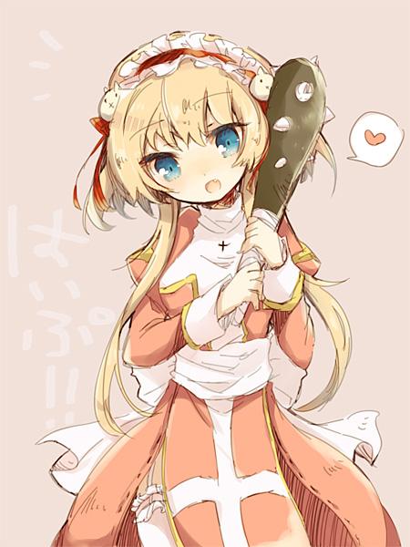 1girl blonde_hair blue_eyes blush breasts brown_background club club_(weapon) commentary_request cowboy_shot dress fang frilled_hairband frills garter_straps hairband heart high_priest_(ragnarok_online) holding holding_club holding_weapon long_hair looking_at_viewer medium_breasts open_mouth pink_dress ragnarok_online red_hairband sash simple_background smile solo spiked_club spoken_heart thighhighs two-tone_dress uru_uzuki weapon white_dress white_sash white_thighhighs