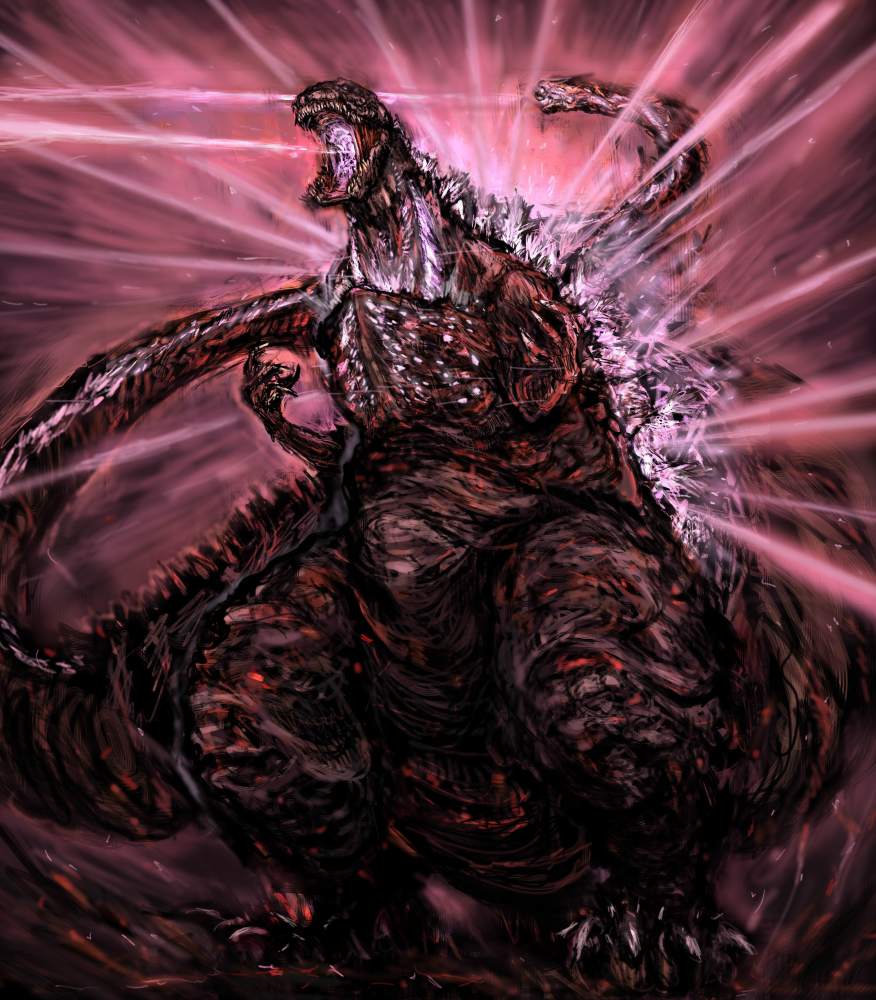 breath_weapon energy energy_beam giant giant_monster glowing glowing_eyes glowing_spikes godzilla godzilla_(series) horror_(theme) kaiju moto_murabito mouth_beam multiple_heads no_humans plasma plasma_beam red_eyes shin_godzilla spike_beam spikes tail tail_beam tail_head toho