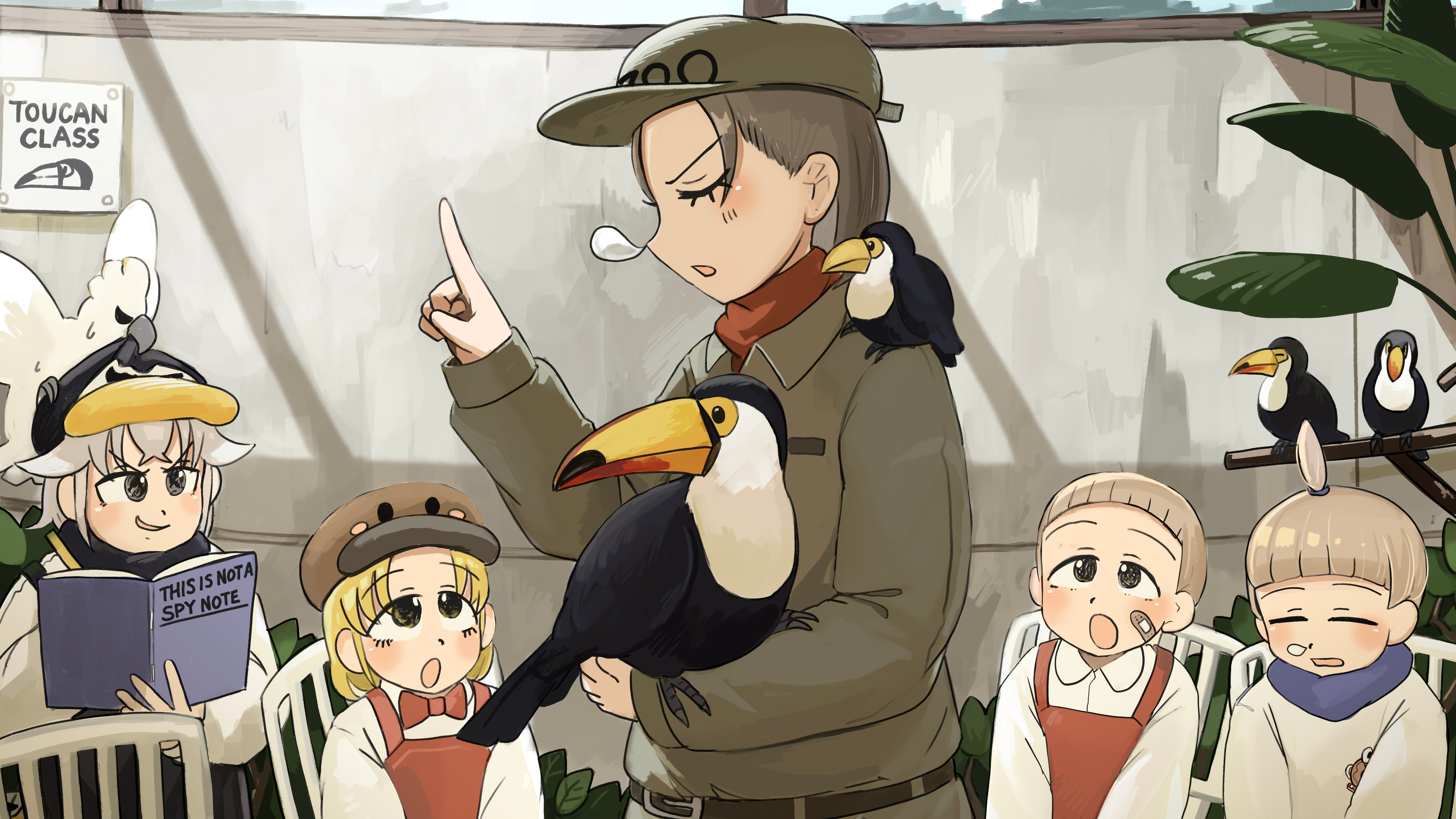 5girls :o absurdres animal animal_on_arm animal_on_shoulder bandaid bandaid_on_face bird bird_on_arm bird_on_shoulder black_scarf blonde_hair blue_scarf bow bowtie brown_hair brown_jacket closed_eyes cockatoo commentary diva_(hyxpk) donut_stamp duck english_commentary girl_with_boyish_hair_(diva) grey_hair hat highres index_finger_raised jacket multiple_girls nose_bubble notebook overalls pencil penguin_fan_(diva) penguin_hat penguin_keeper_(diva) red_bow red_bowtie red_overalls scarf shirt short_hair topknot_girl_(diva) toucan toucan_keeper_(diva) white_shirt zoo zookeeper zookeepers_(diva)