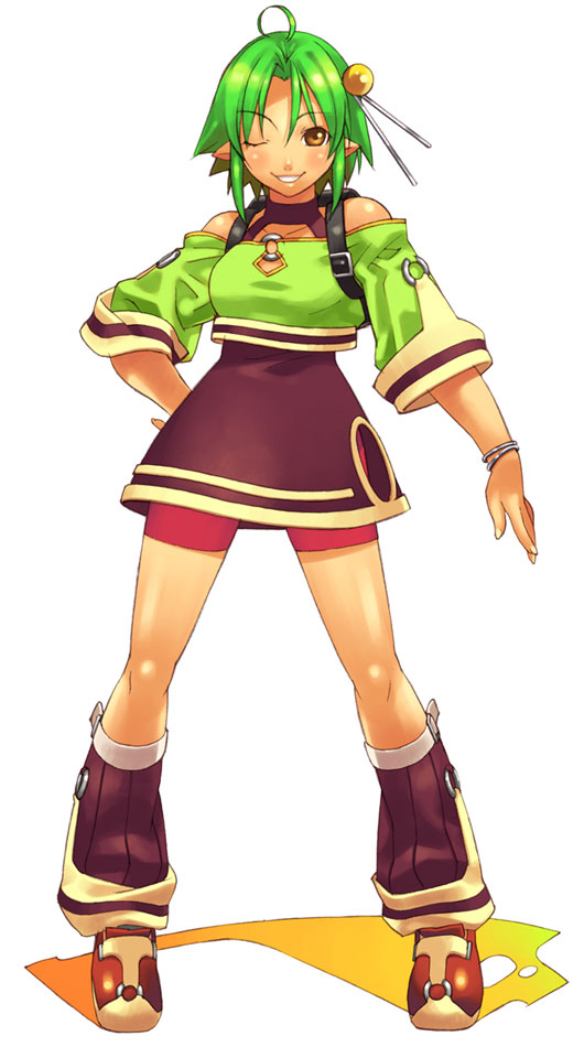 1girl bike_shorts bike_shorts_under_skirt bracelet brown_eyes female_focus full_body green_hair hand_on_own_hip hirano_katsuyuki jewelry leg_warmers nagi_(spectral_souls) official_art one_eye_closed pointy_ears purple_skirt shoes short_hair shorts shorts_under_skirt skirt smile solo spectral_(series) spectral_souls white_background wink