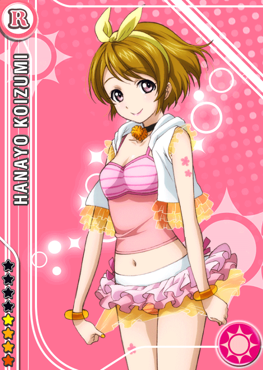 1girl anime_coloring bikini black_choker blush bow_hairband breasts brown_hair card_(medium) character_name choker cleavage clenched_hands closed_mouth collarbone flower_tattoo frilled_sleeves frills hairband jacket koizumi_hanayo layered_bikini leg_tattoo looking_at_viewer love_live! love_live!_school_idol_festival love_live!_school_idol_project medium_breasts natsuiro_egao_de_1_2_jump! navel official_art open_clothes open_jacket pink_background pink_frills pink_swim_trunks purple_eyes see-through_clothes short_hair smile solo standing star_(symbol) swimsuit tattoo white_jacket wristband yellow_hairband yellow_nails